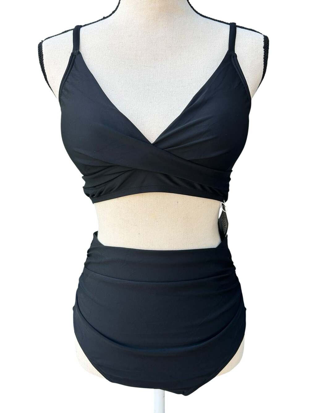 Women's Black Wrap Front High-Waisted Bikini Two-Piece Swimsuit